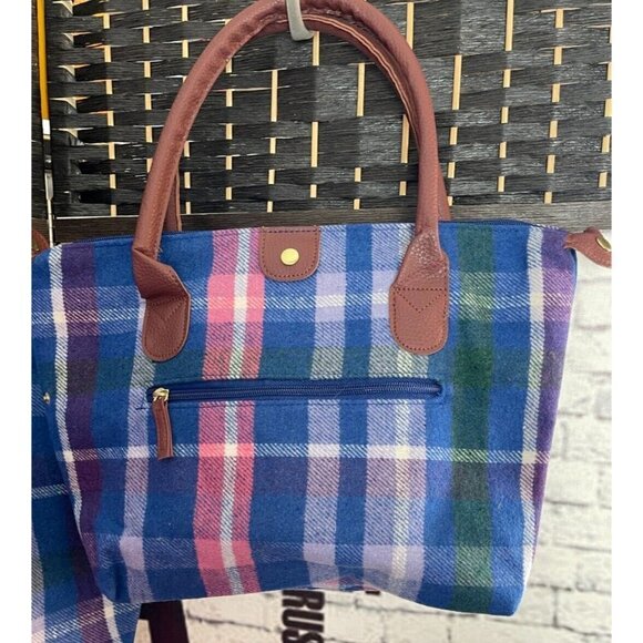 Woman Within Blue-Pink Plaid Flannel Faux Leather Handles 2 Piece Tote Set - Picture 5 of 7